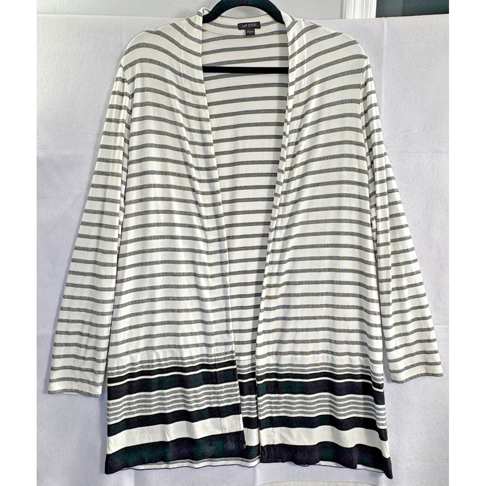 J JILL Women Open Front Oversized Striped Sweater Sz S White Gray Casual 7-6